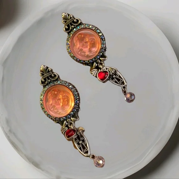 Vintage Signed Kirks Folly Whimsical Pink Cameo Crystal Ornate Silver Earrings